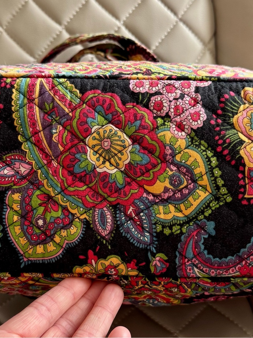 Vera Bradley Black Quilted Tote with Pink, Green & Yellow Floral Print - Picture 3 of 10